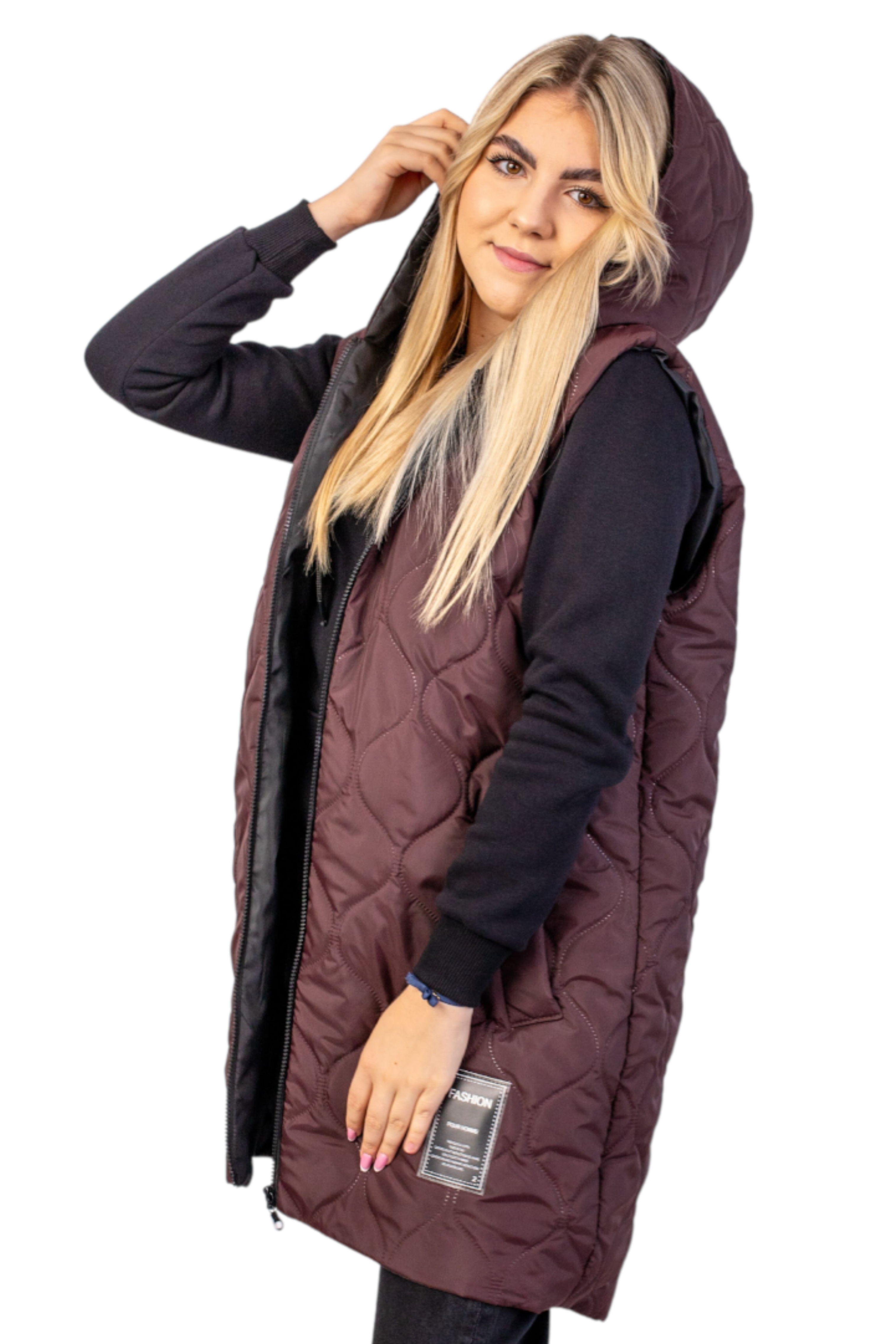 Kamizelka długa damska pikowana Brąz PLUS SIZE POLSKA PRODUKCJA